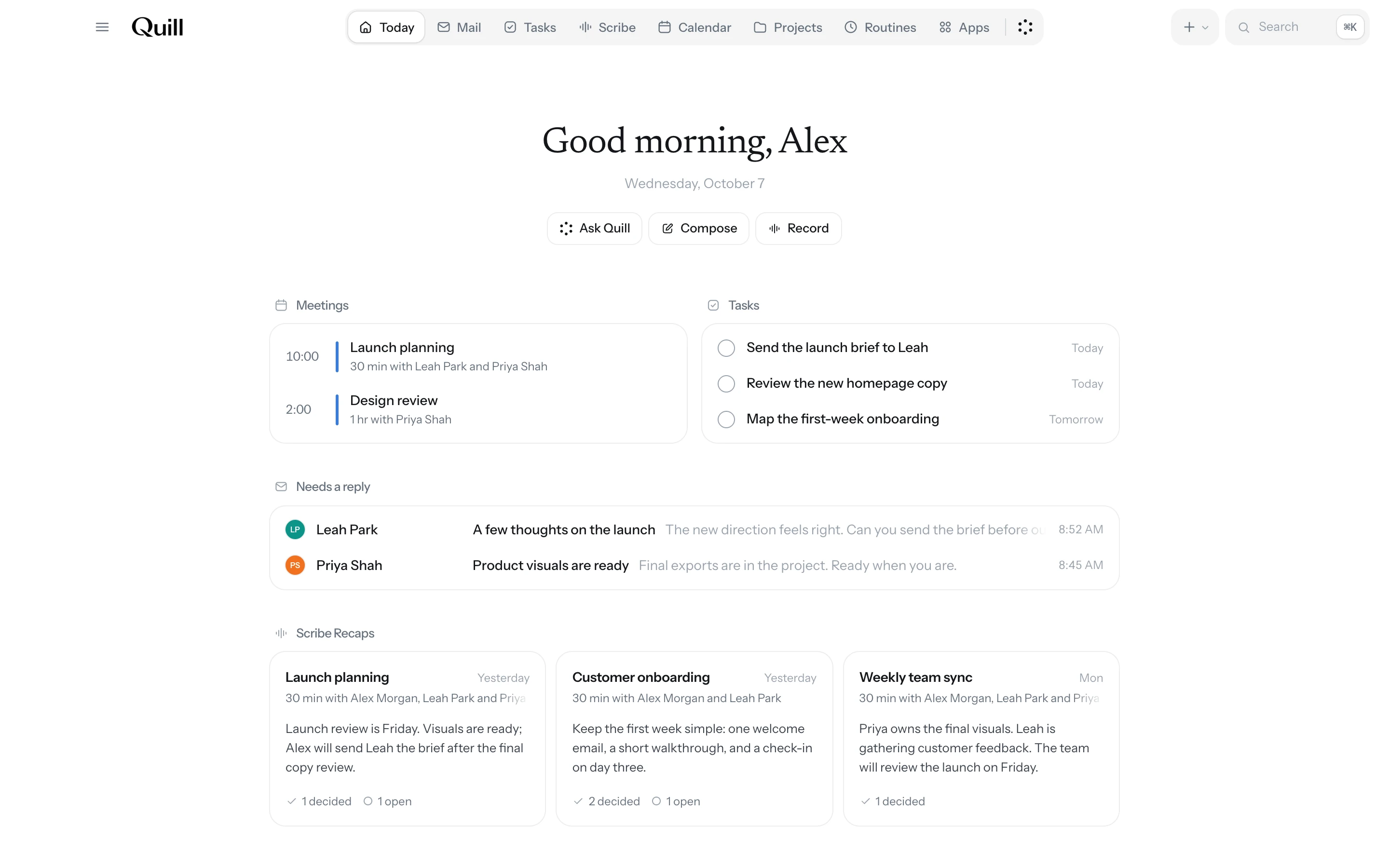 Quill desktop workspace showing app navigation, Today, meetings, and tasks. Sample workspace.